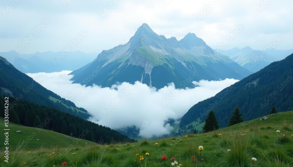 Fototapeta premium Overcast sky with a layer of fog on the mountain, alps, foggy