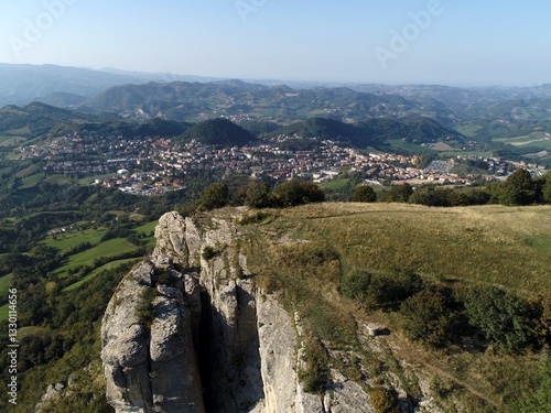 Aerial view of Bismantova Rock at sunset, Pietra di Bismantova, located near to Castelnovo Monti, Reggio Emilia, Italy