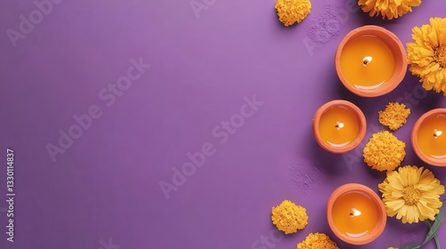 Orange Candles and Flowers on Purple Background for Relaxation