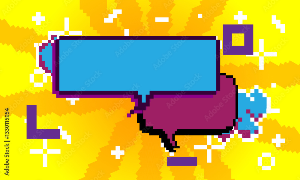 Pixelated speech bubble with geometric graphic background. Retro cartoon vector. Pixelated speech bubble with geometric graphic background. Retro cartoon vector.