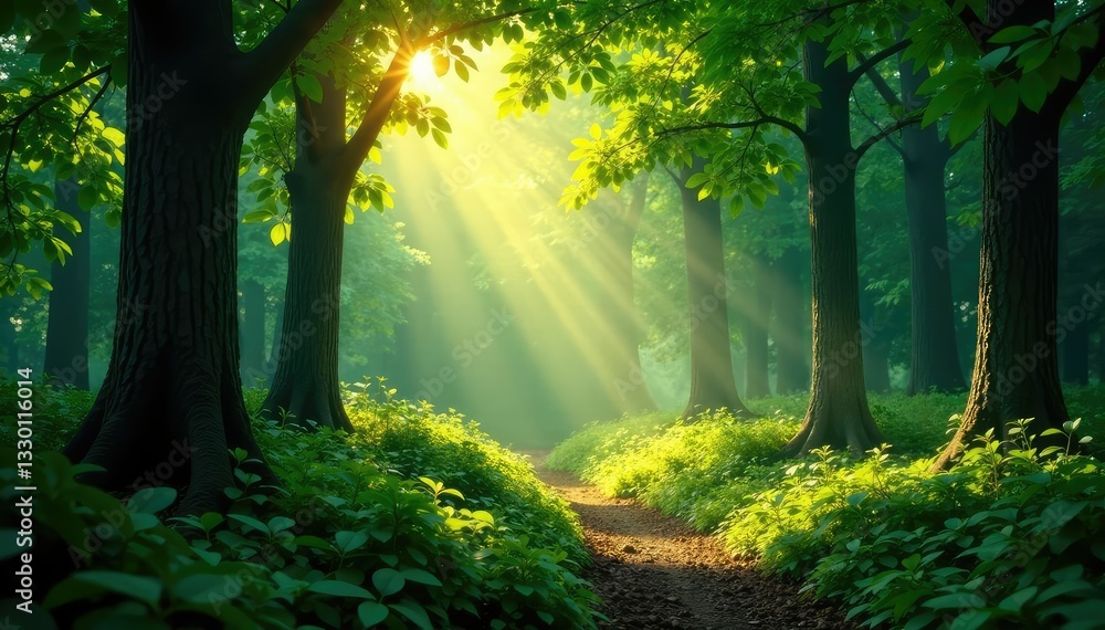 Obraz premium Overgrown forest with sunlight filtering through, woods, sunlight, overgrown