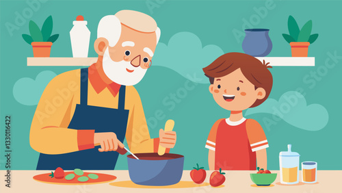 A grandfather and grandson bond as they mix together ingredients for a hearty stew passing down a secret seasoning recipe.. Vector illustration
