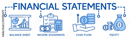 Financial statement banner web icon for business organization, profit, loss, income statement, balance sheet, cash flow and equity. Minimal vector cartoon infographic.