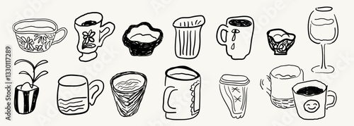 cups and mugs set in hand drawn style in vector. Element for design advertisement mail posts poster print postcard banner menu decor backgrounds