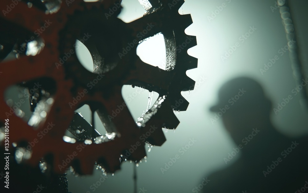 Close Up Of Rusty Gears With Silhouette Of Person In Hardhat In Background Close Up Of Rusty Gears With Silhouette Of Person In Hardhat In Background