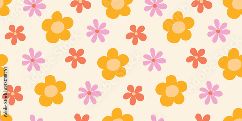Daisy blossoms, repeatable design, texture for textile, fabric, wallpaper, wrapping. Flat vector illustration
