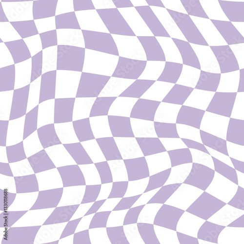 Visual chequered illusion. Dizzy psychedelic pattern with warped purple and white squares. Trippy checkerboard surface. Vector flat illustration
