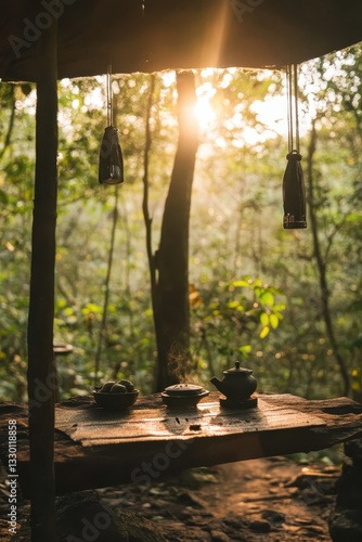 Tranquil Tea Ceremony in the Sun-Drenched Forest