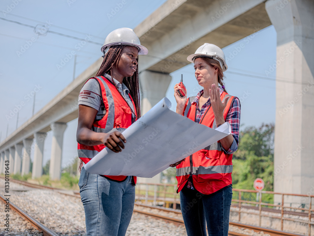 A female railway engineer discusses problems with her colleagues and uses a radio to talk to maintenance personnel at the construction site.