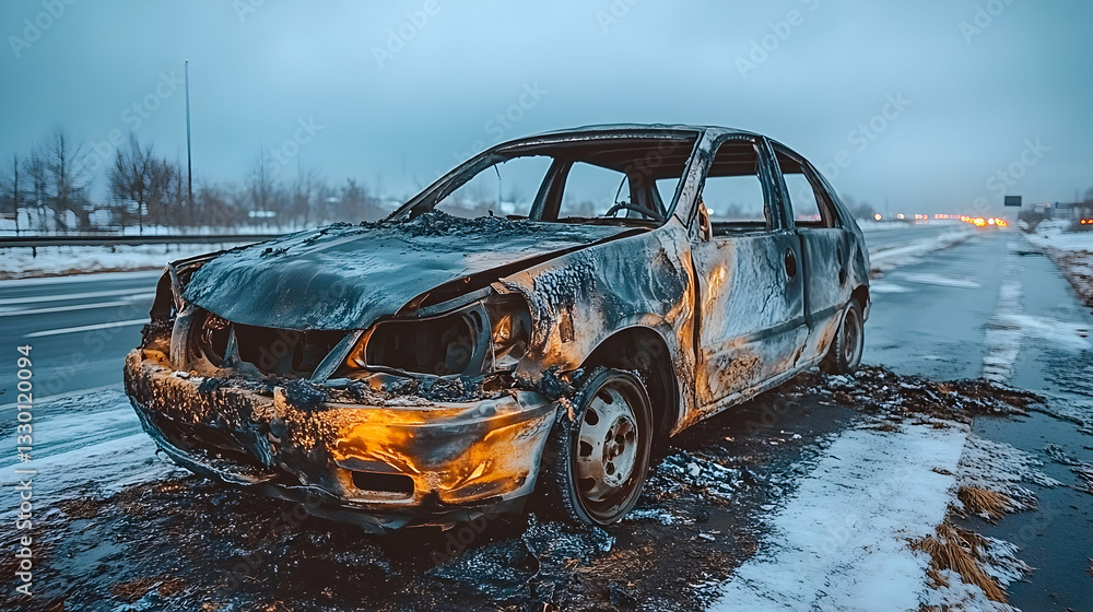 Fototapeta premium Damaged car on a winter road