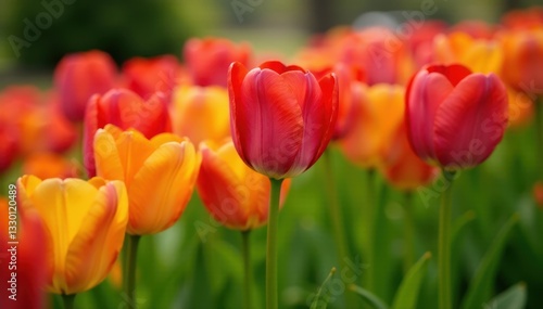 Close-up view of colorful tulips in a garden bed , nature, flora