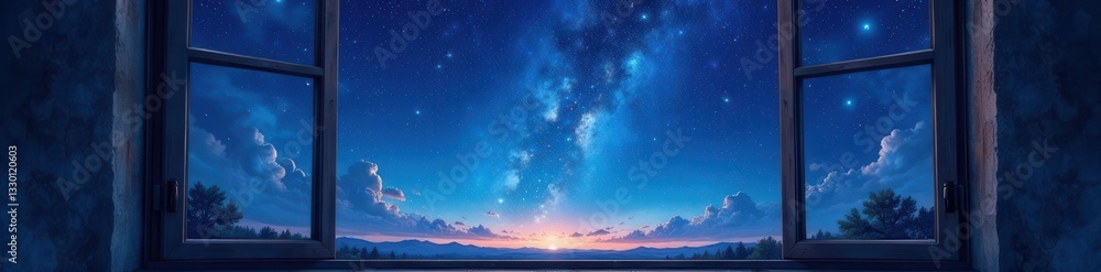 Dark night sky seen through an open window, watercolor style, room, magical, texture Dark night sky seen through an open window, watercolor style, room, magical, texture