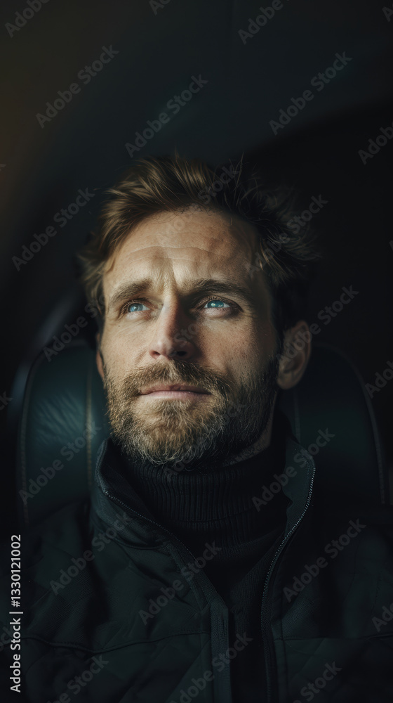 Obraz premium Caucasian young adult man pondering deeply while traveling, experiencing introspection and solitude
