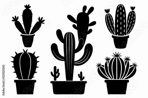 cactus set line art silhouette vector illustration