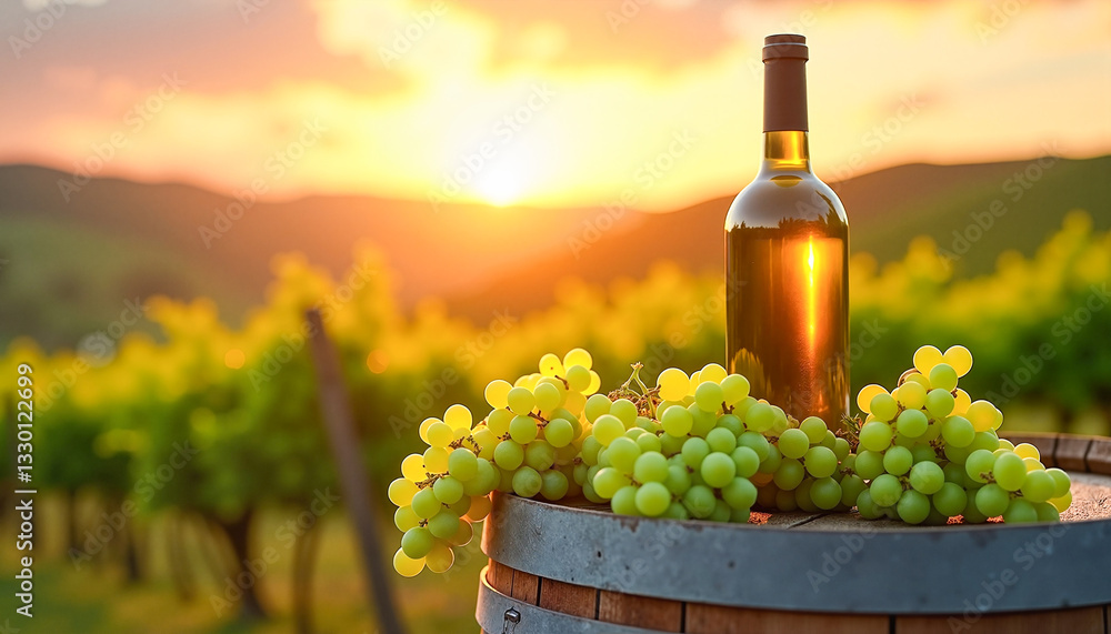 Fototapeta premium Close-up of a wine barrel with fresh green grapes and a bottle against a vibrant sunset backdrop, symbolizing rural charm and natural beauty.