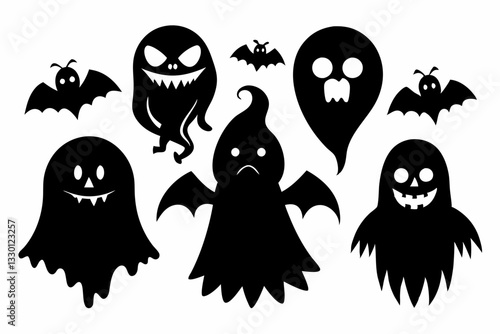 ghost halloween horror set line art silhouette vector illustration