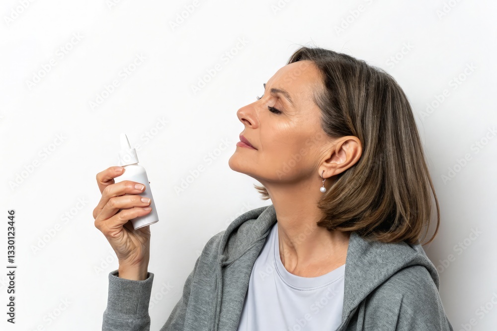 Woman Applying Nasal Spray to Relieve Congestion While Standing Against a Standard Scale in a Neutral Setting Generative AI Woman Applying Nasal Spray to Relieve Congestion While Standing Against a Standard Scale in a Neutral Setting Generative AI