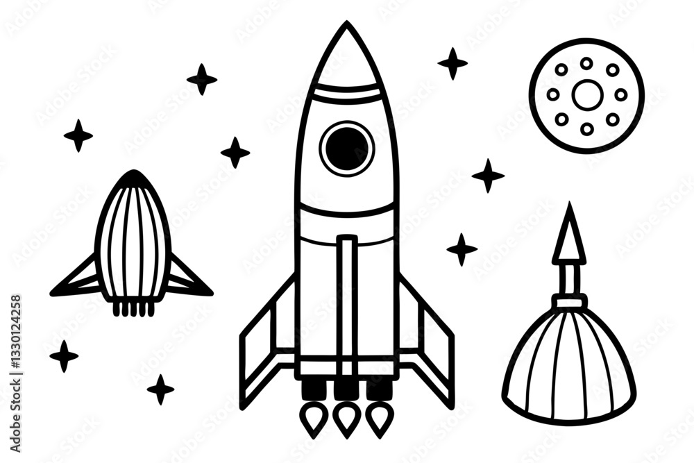 rocket space set line art silhouette vector illustration rocket space set line art silhouette vector illustration
