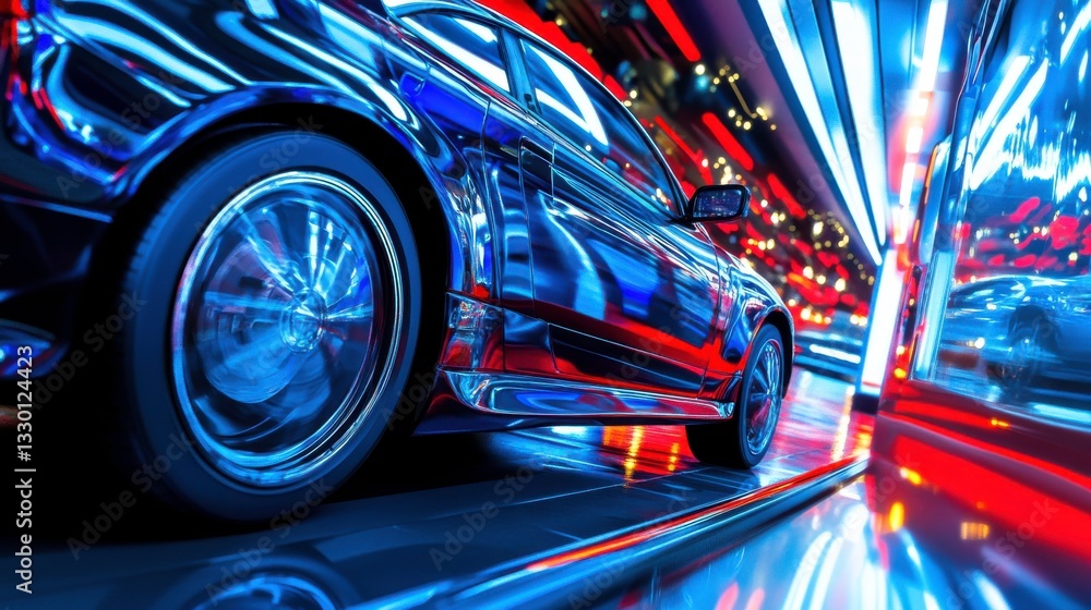 Fototapeta premium Vibrant Cityscape with EV and Colorful Reflections