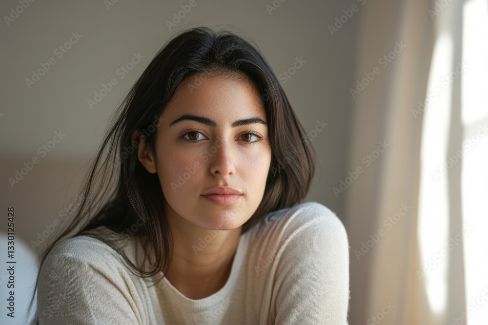 Portrait of a Thoughtful Woman in Soft Natural Light at Home Portrait of a Thoughtful Woman in Soft Natural Light at Home