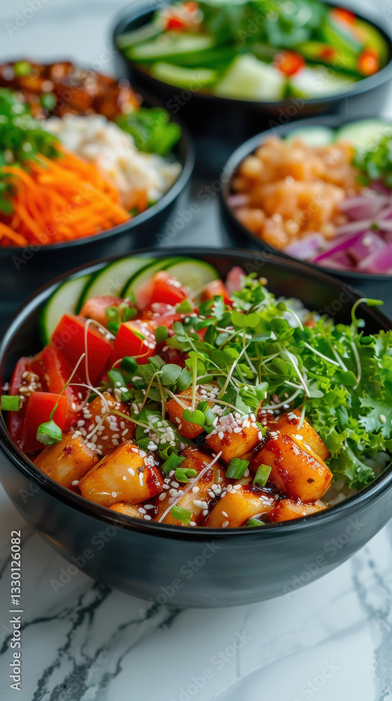 Fresh vegetable and tofu bowl with sesame seeds and microgreens on marble surface Fresh vegetable and tofu bowl with sesame seeds and microgreens on marble surface