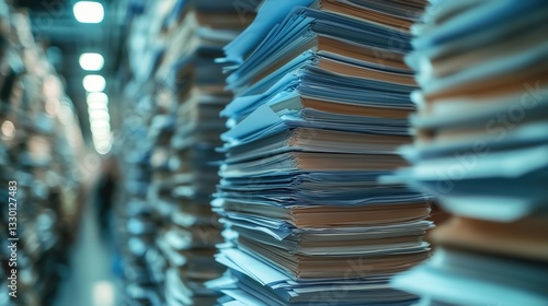 Large piles of paperwork stacked high in an archive or office, symbolizing bureaucracy, paperwork overload and organization challenges.