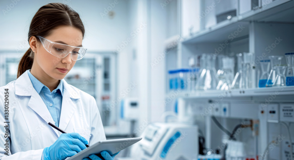 Dedicated scientist examines data on tablet in a cutting edge healthcare lab with modern tools Dedicated scientist examines data on tablet in a cutting edge healthcare lab with modern tools