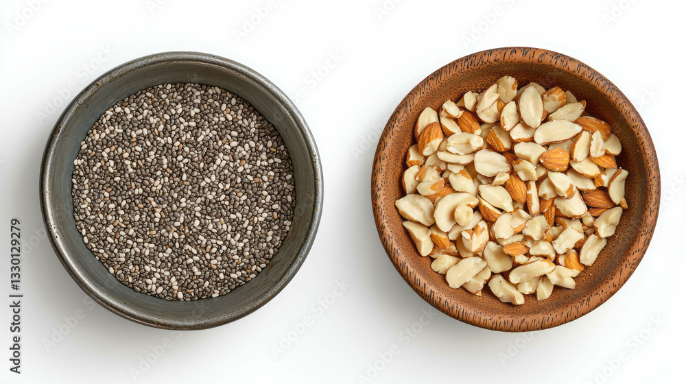 Healthy snack ingredients: chia seeds and almonds in rustic bowls Healthy snack ingredients: chia seeds and almonds in rustic bowls