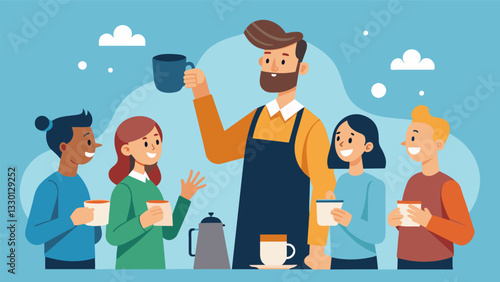 The guide encourages the group to take their time and fully savor each sip allowing the flavors to linger on their palates.. Vector illustration