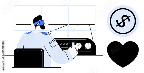Pilot adjusting controls in aircraft cockpit. Focus on aviation navigation, decision-making. Ideal for travel, leadership, responsibility, finance, choices technology passion. Flat simple metaphor