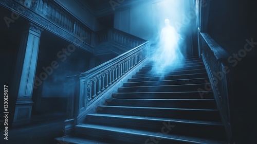 Ethereal ghost ascending a grand staircase in a spooky mansion.
