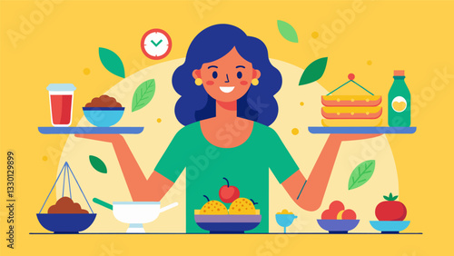 A woman prepares a meal for herself taking care to include a balanced mix of nutrients and flavors on her plate. As she eats she focuses on the colors and textures of each bite. Vector illustration