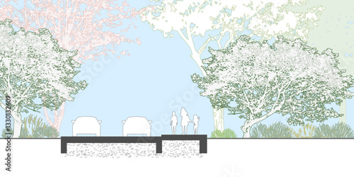 Architectural Drawings, Minimal style cad tree line drawing, Side view, set of section wetland forest outline for landscape design drawing. Vector illustration in seperate element