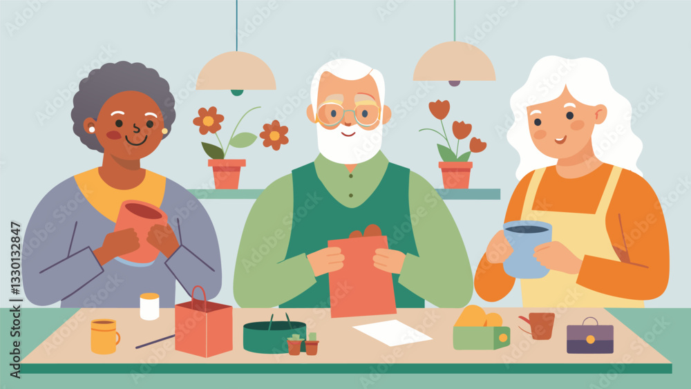 A crafting workshop offers seniors the opportunity to create handmade gifts and decorations for their loved ones fostering creativity and community.. Vector illustration A crafting workshop offers seniors the opportunity to create handmade gifts and decorations for their loved ones fostering creativity and community.. Vector illustration