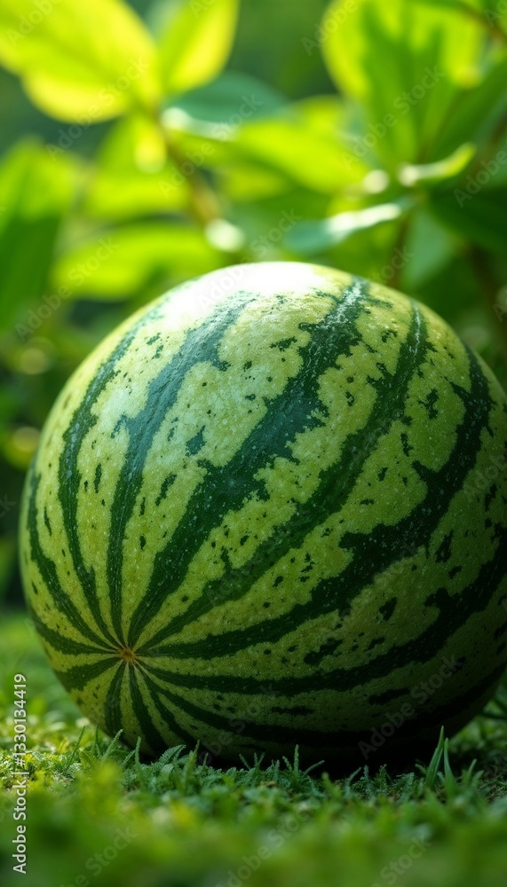 ripe watermelon on a grassy surface with a natural mood in a green garden