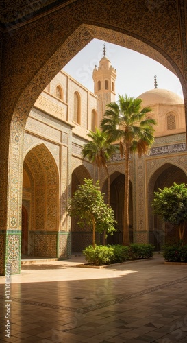 Courtyard featuring intricate arches  lush palm trees  and vibrant patterns in sunny weather