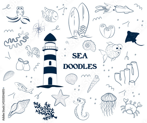 Sea Doodle Icons Sketch Hand Made Design Vector illustration Clip Art. Nautical drawings, Shells, lighthouse, fish, turtles and seaweed.