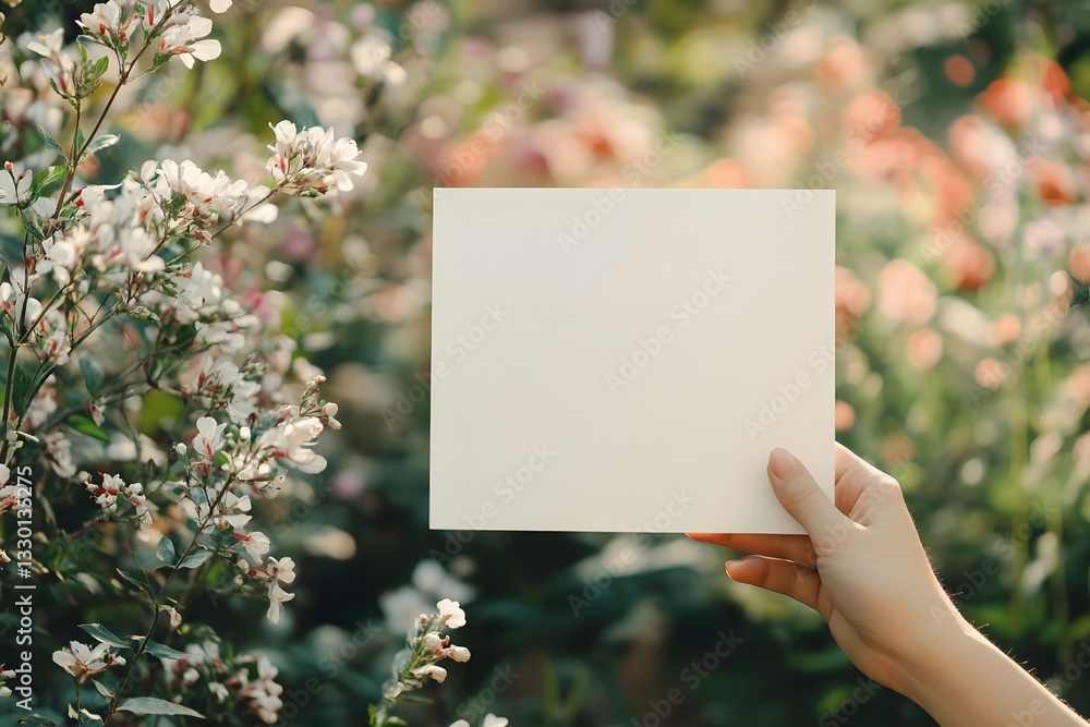 Hand holding blank paper against a blurred garden of blooming flowers Hand holding blank paper against a blurred garden of blooming flowers