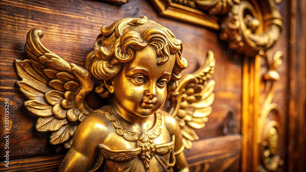 Fototapeta premium Golden Cherub Wood Decoration, Luxury Wooden Angel Figurine, Gilded Putto Carving, Ornate Wood Art, Decorative Wooden Cherub