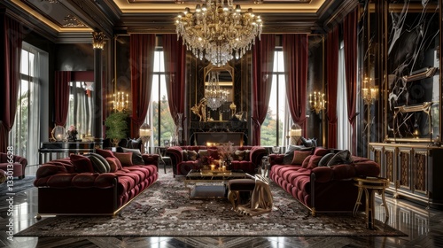 Opulent Dark Red Velvet Living Room Interior with Grand Chandelier