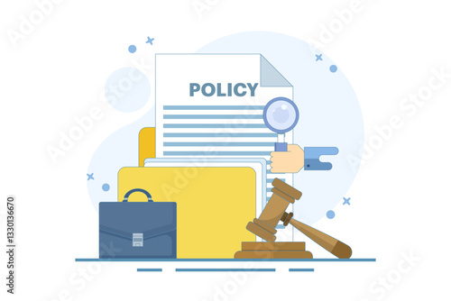 Legal Policy Concept. Legal Notice Document with Judge's Hammer. Legal Notice Document with Judge's Hammer. Corporate documents, agreement review and protection. Flat Vector Illustration Design.