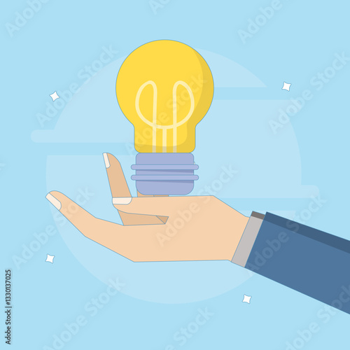 Business Idea Concept. Hand with Light Bulb Idea. From idea to reality, light bulb with Idea, curiosity, seeking success. Idea Validation. Flat Vector Illustration Design on background.