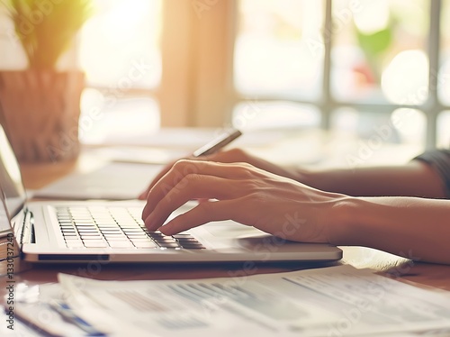 Close-up of hands typing on a laptop keyboard while reviewing tax documents and financial statements on a wooden desk