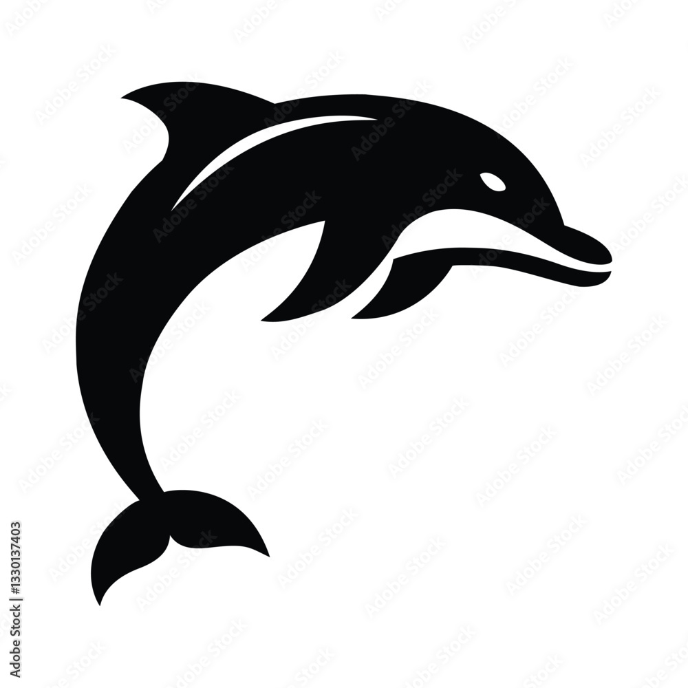 Naklejka premium Black silhouette of a dolphin, depicted in mid-leap. The dolphin features a distinctive curved dorsal fin, streamlined body, and elongated beak. Its tail flippers extend outward, showcasing its dynami