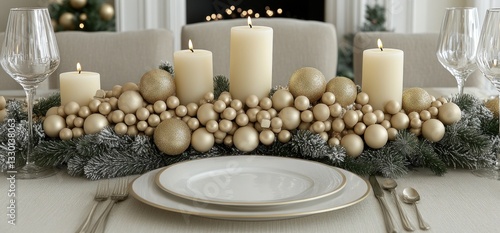Elegant Gold Christmas Centerpiece on Dining Table photo