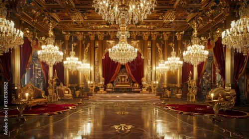 Opulent Gold and Red Throne Room Interior with Glittering Chandeliers