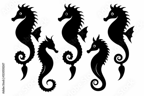 seahorse set line art silhouette vector illustration