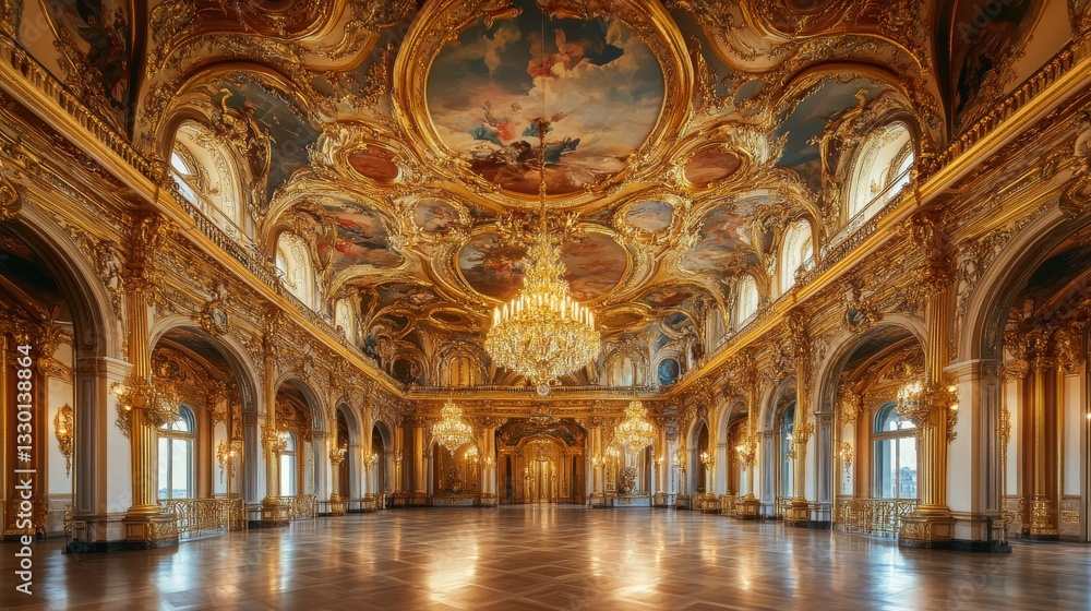 Opulent Gold Ballroom Interior with Intricate Frescoes and Chandelier Opulent Gold Ballroom Interior with Intricate Frescoes and Chandelier