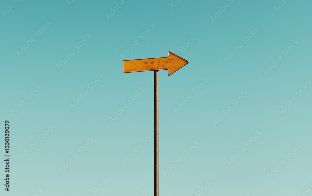 Weathered Orange Right Arrow Sign Against Teal Blue Sky Weathered Orange Right Arrow Sign Against Teal Blue Sky