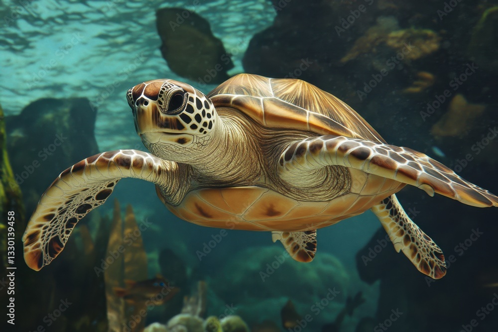 Fototapeta premium Marine Beauty: Swimming Turtle in Ocean Blue / sea turtle swimming in the sea